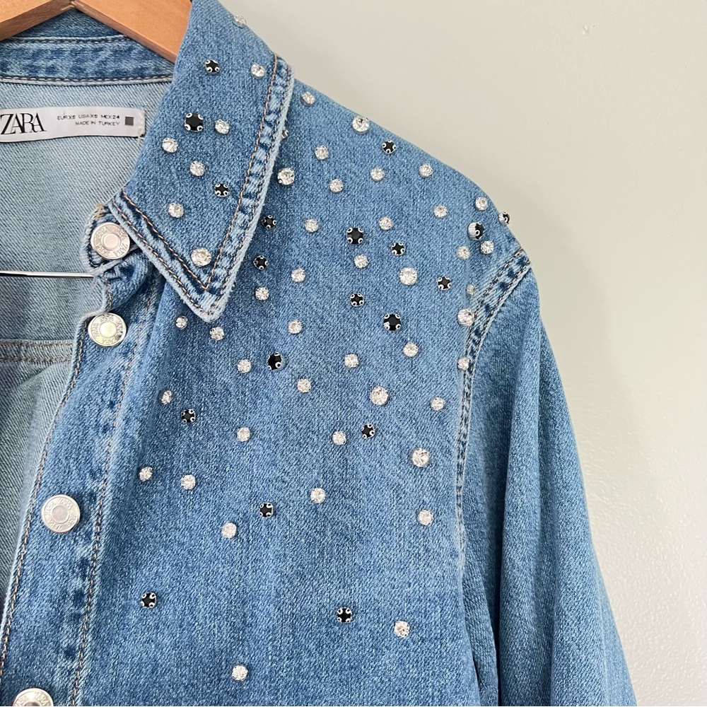 Zara Demin Rhinestone Button Down Shirt Jean Jacket Embellished Long Sleeve - Picture 5 of 10